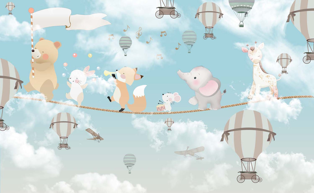 Tapet Personalizat Micii Exploratori cu animalute cantand pe franghie printre baloane cu aer cald - CIRCUS BAND IN THE SKY