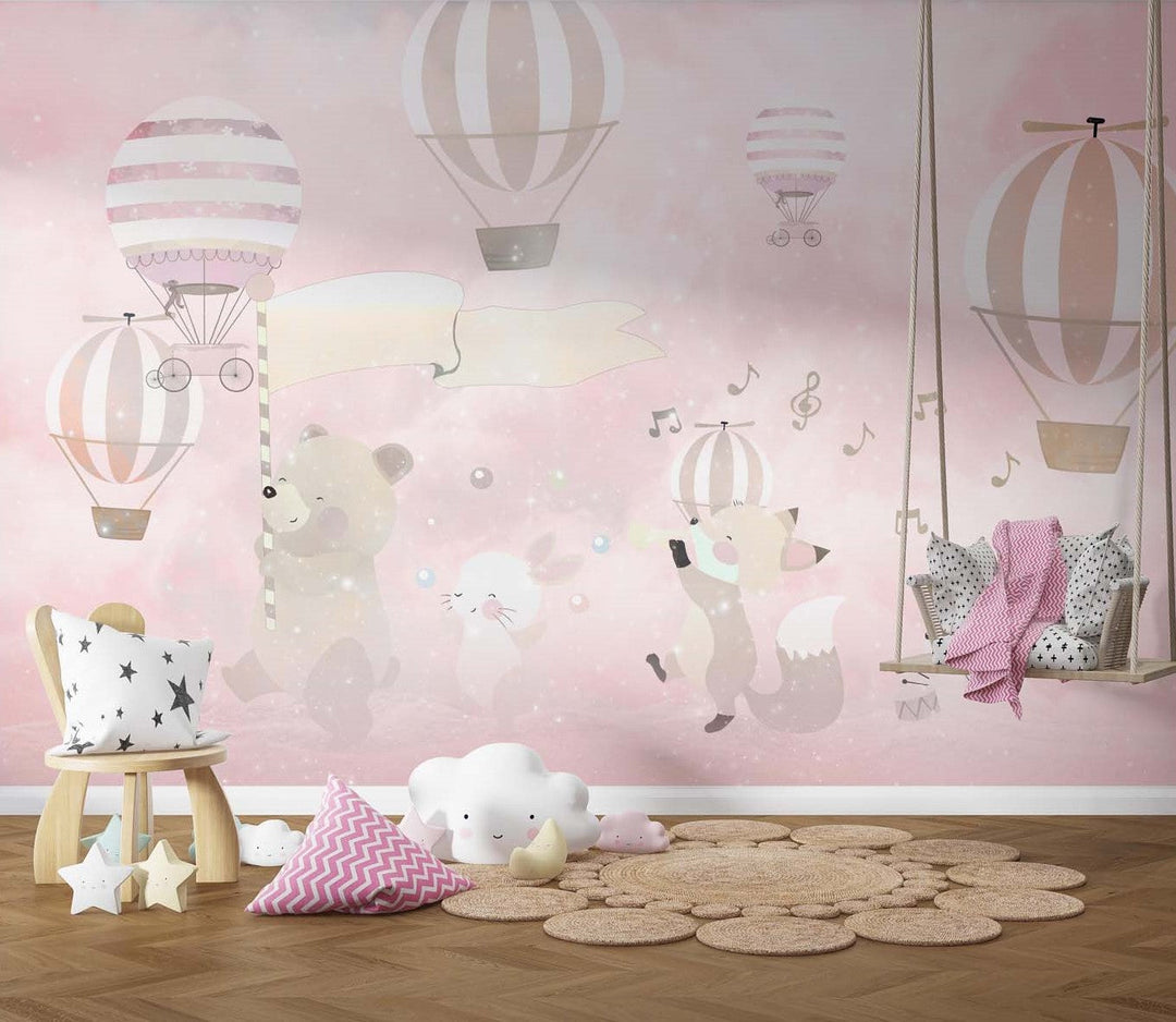 Tapet Personalizat Micii Exploratori cu trupa muzicala de animale pe un fundal trandafiriu roz - PINK BAND MARCH