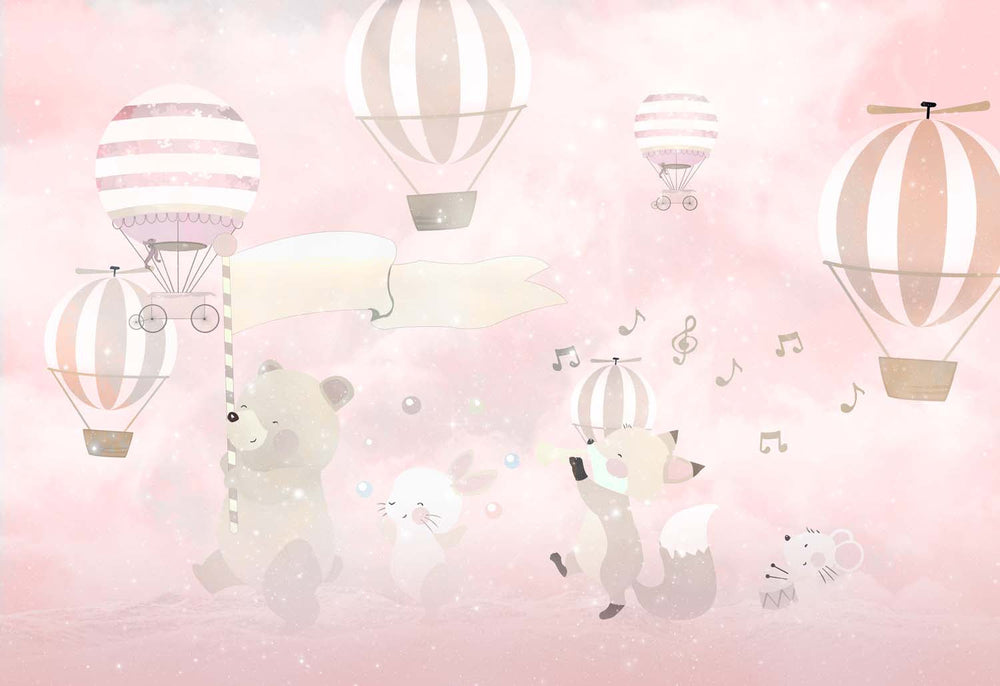 Tapet Personalizat Micii Exploratori cu trupa muzicala de animale pe un fundal trandafiriu roz - PINK BAND MARCH