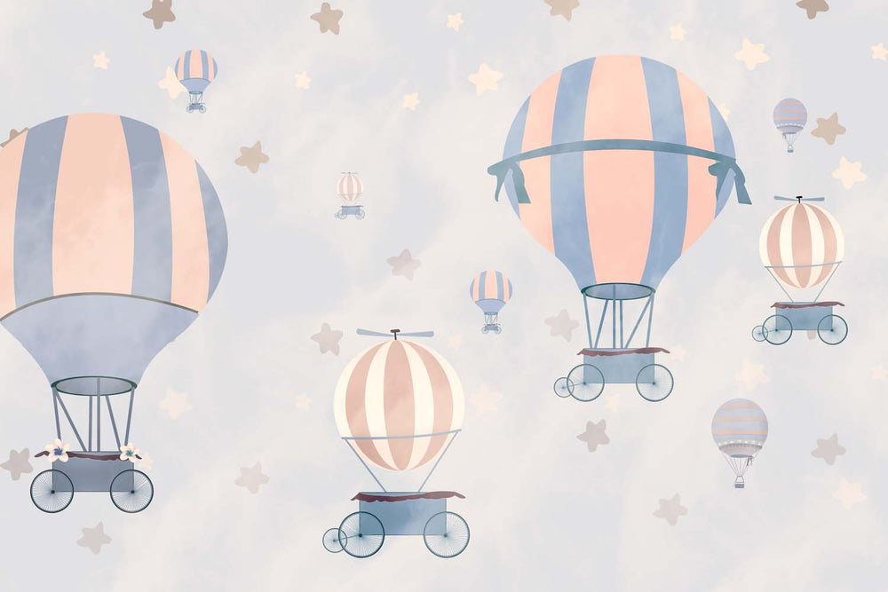 Tapet Personalizat Micii Exploratori cu baloane cu aer cald si cer instelat nuante de portocaliu si albastru - STARRY SKY PEACH BALLOONS