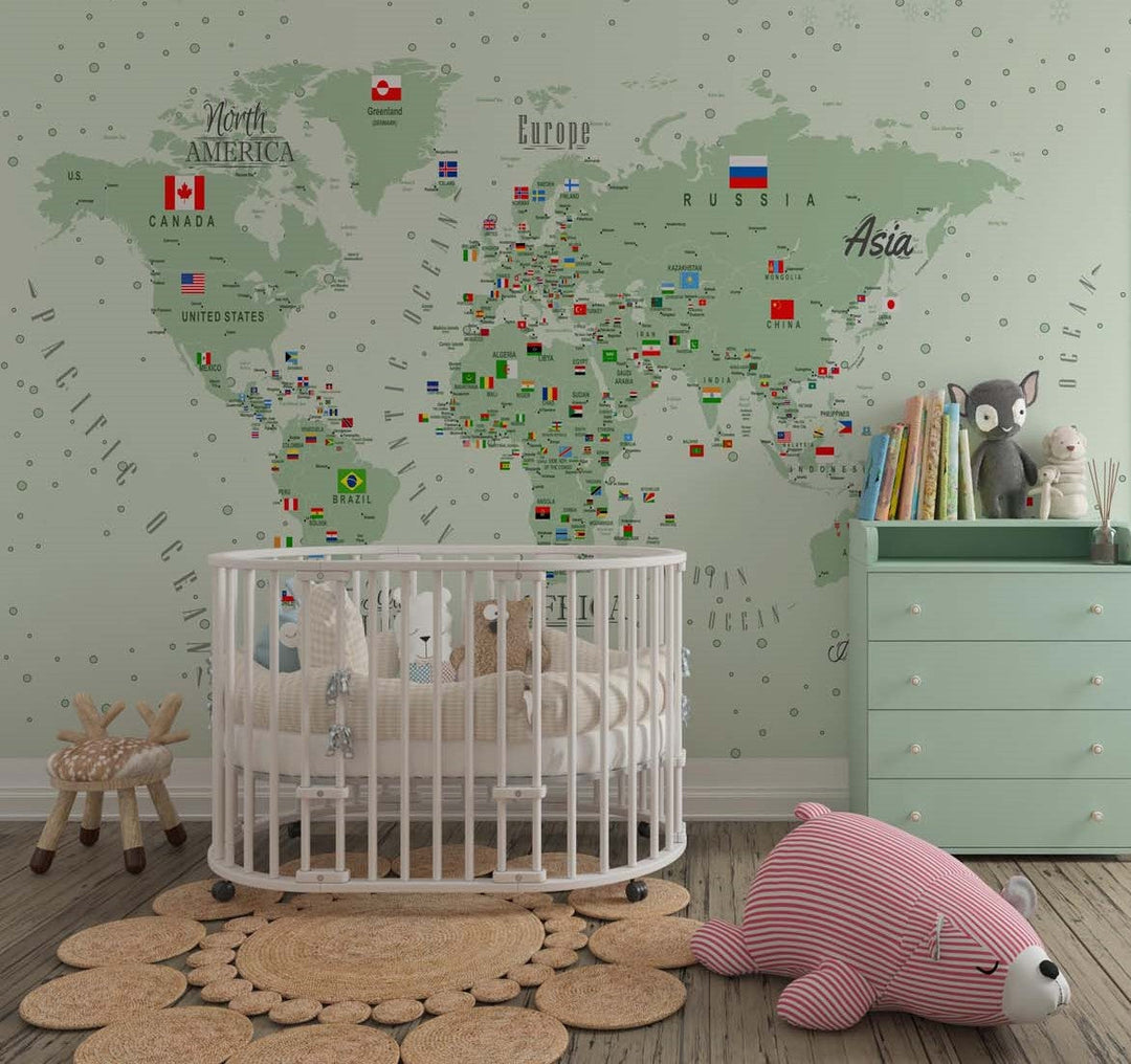Tapet Personalizat Micii Exploratori cu harta lumii detaliata cu steaguri in nuante de verde - GREEN DETAILED MAP
