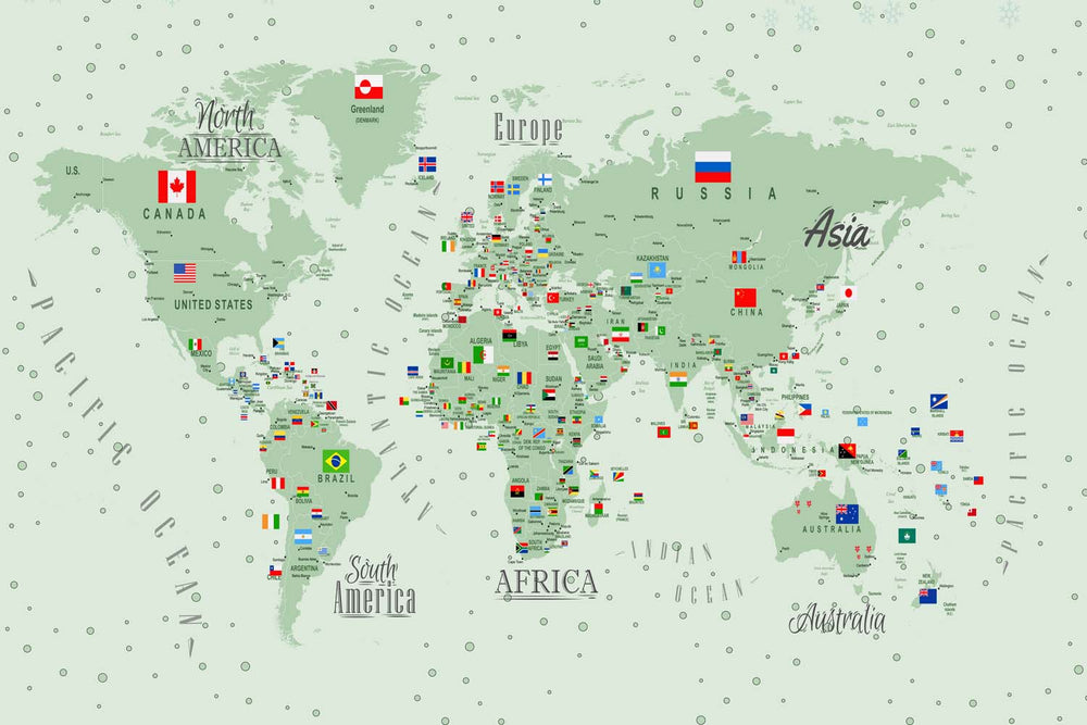 Tapet Personalizat Micii Exploratori cu harta lumii detaliata cu steaguri in nuante de verde - GREEN DETAILED MAP