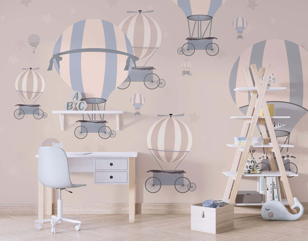 Tapet Personalizat Micii Exploratori cu baloane cu aer cald in nuante crem si bej - TAUPE WHEEL BALLOONS