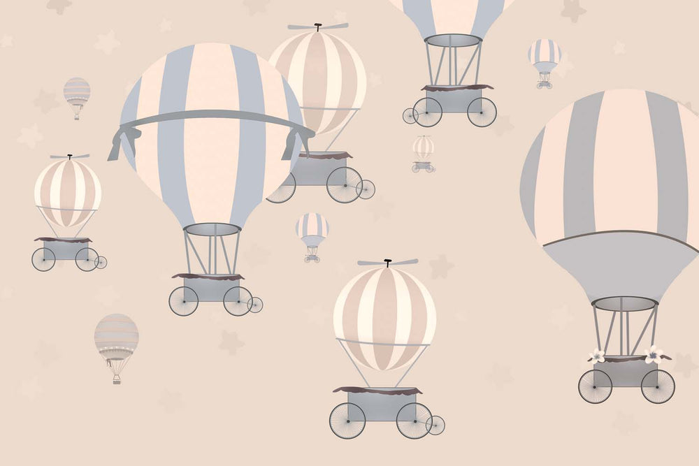 Tapet Personalizat Micii Exploratori cu baloane cu aer cald in nuante crem si bej - TAUPE WHEEL BALLOONS