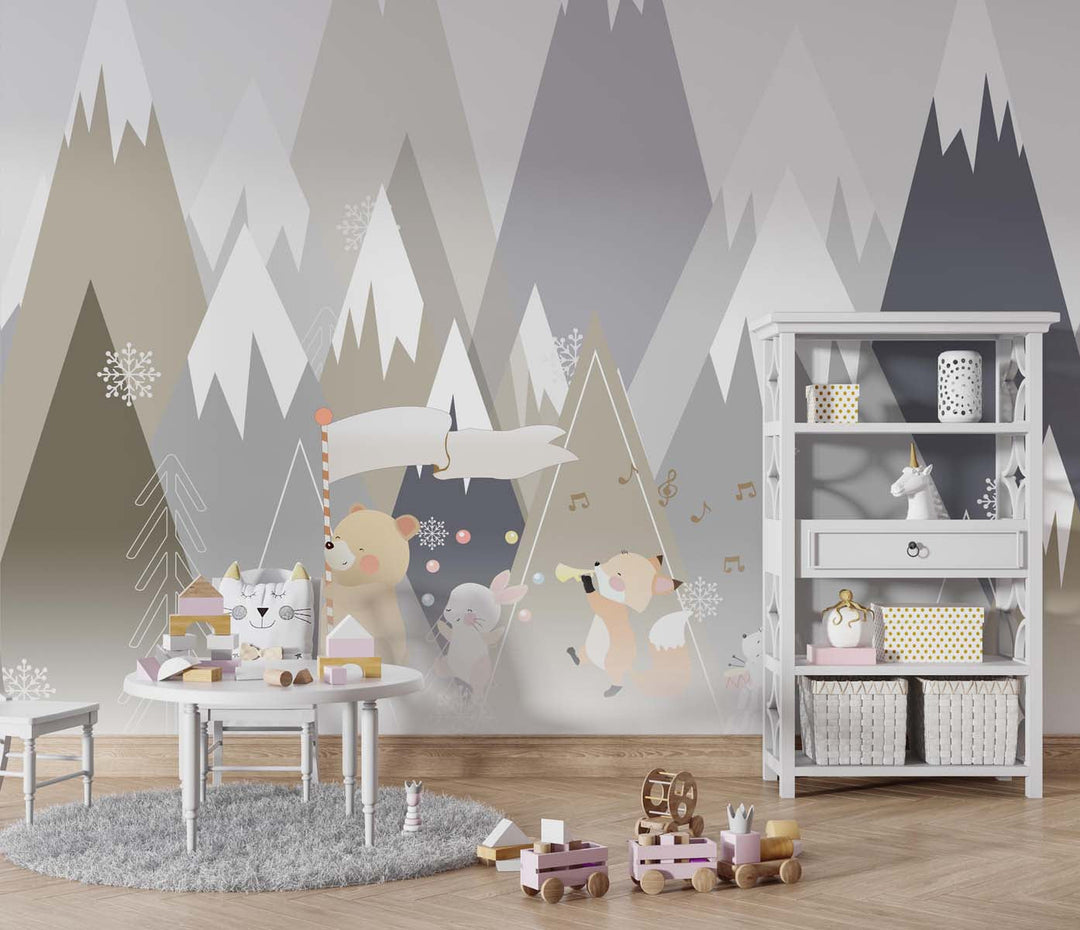 Tapet Personalizat Micii Exploratori cu trupa muzicala de animalute la poalele muntilor abstracti - SHARP MOUNTAINS BAND