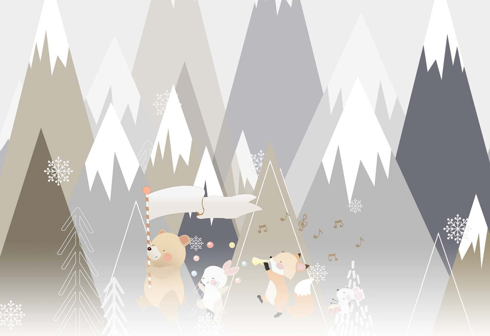 Tapet Personalizat Micii Exploratori cu trupa muzicala de animalute la poalele muntilor abstracti - SHARP MOUNTAINS BAND