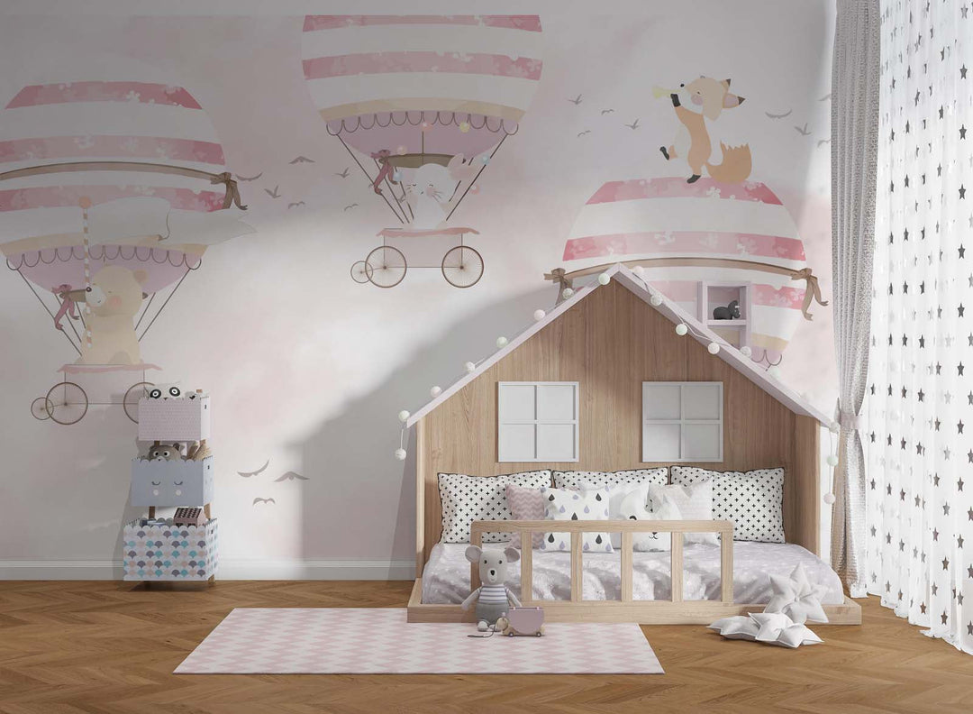 Tapet Personalizat Micii Exploratori cu baloane cu aer cald roz si animalute - PINK SOFT BALLOONS