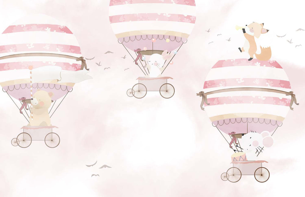 Tapet Personalizat Micii Exploratori cu baloane cu aer cald roz si animalute - PINK SOFT BALLOONS