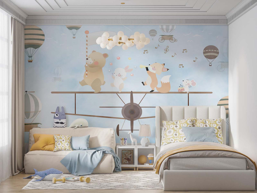 Tapet Personalizat Micii Exploratori cu animalute muzicale mergand pe avion - SINGING ON THE BIPLANE LIGHT