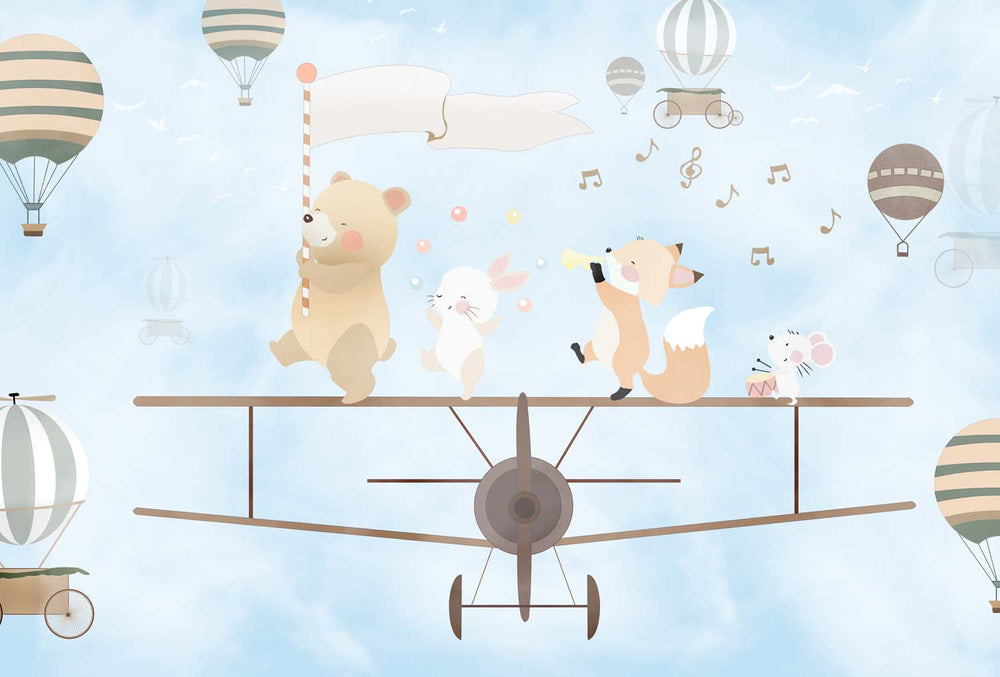 Tapet Personalizat Micii Exploratori cu animalute muzicale mergand pe avion - SINGING ON THE BIPLANE LIGHT