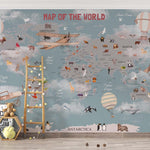 Tapet Personalizat Micii Exploratori cu harta lumii cu animale in nuante de albastru inchis si maro - DARK BLUE MAP OF THE WORLD