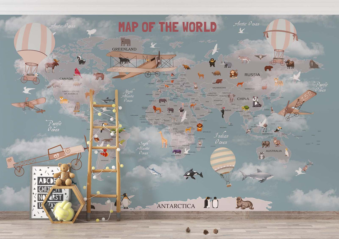 Tapet Personalizat Micii Exploratori cu harta lumii cu animale in nuante de albastru inchis si maro - DARK BLUE MAP OF THE WORLD