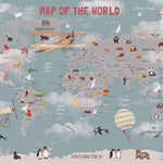 Tapet Personalizat Micii Exploratori cu harta lumii cu animale in nuante de albastru inchis si maro - DARK BLUE MAP OF THE WORLD