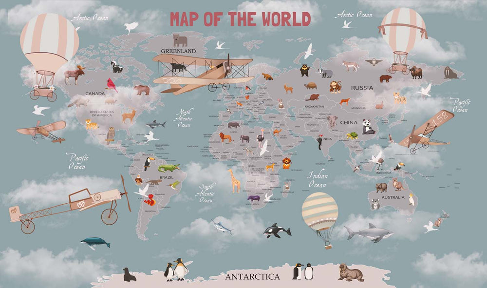 Tapet Personalizat Micii Exploratori cu harta lumii cu animale in nuante de albastru inchis si maro - DARK BLUE MAP OF THE WORLD