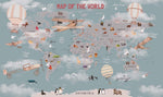 Tapet Personalizat Micii Exploratori cu harta lumii cu animale in nuante de albastru inchis si maro - DARK BLUE MAP OF THE WORLD