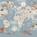 Tapet Personalizat Micii Exploratori cu harta lumii cu animale si avioane pe un fundal albastru inchis - DARK BLUE PLANES MAP
