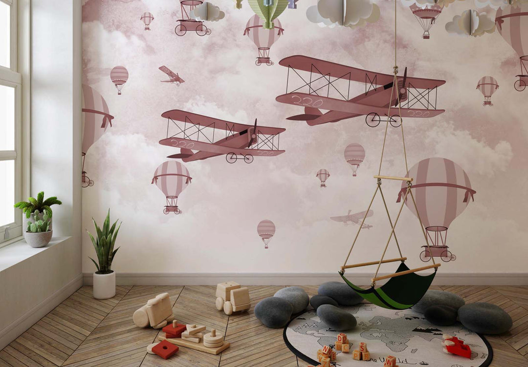 Tapet Personalizat Micii Exploratori cu avioane si baloane cu aer cald in nuante de rosu-roz - CRIMSON PINK PLANES