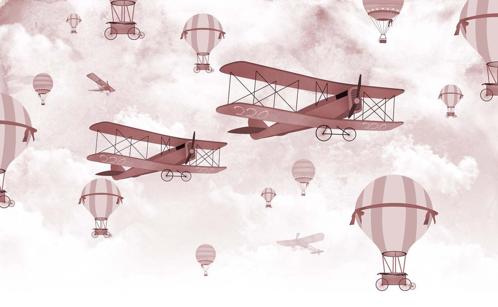 Tapet Personalizat Micii Exploratori cu avioane si baloane cu aer cald in nuante de rosu-roz - CRIMSON PINK PLANES