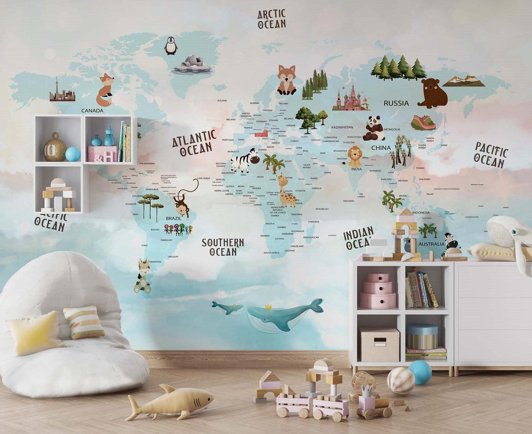 Tapet Personalizat Micii Exploratori cu harta lumii in nuante tropicale de albastru - SUMMER MAP