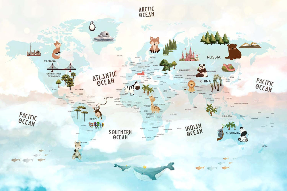 Tapet Personalizat Micii Exploratori cu harta lumii in nuante tropicale de albastru - SUMMER MAP