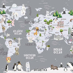 Tapet Personalizat Micii Exploratori cu harta lumii cu animale si vegetatie in nuante de gri inchis - GREY ANIMALS TEMPLE MAP