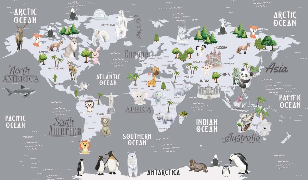 Tapet Personalizat Micii Exploratori cu harta lumii cu animale si vegetatie in nuante de gri inchis - GREY ANIMALS TEMPLE MAP