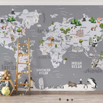Tapet Personalizat Micii Exploratori cu harta lumii cu animale si vegetatie in nuante de gri inchis - GREY ANIMALS TEMPLE MAP