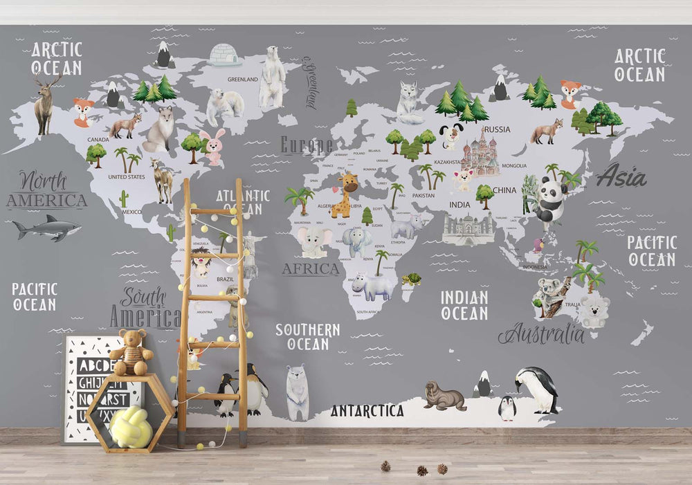 Tapet Personalizat Micii Exploratori cu harta lumii cu animale si vegetatie in nuante de gri inchis - GREY ANIMALS TEMPLE MAP