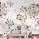 Tapet Personalizat Micii Exploratori cu harta lumii cu vegetatie animale si monumente in nuante de roz crem - LIGHT PEACH CONTINENT MAP