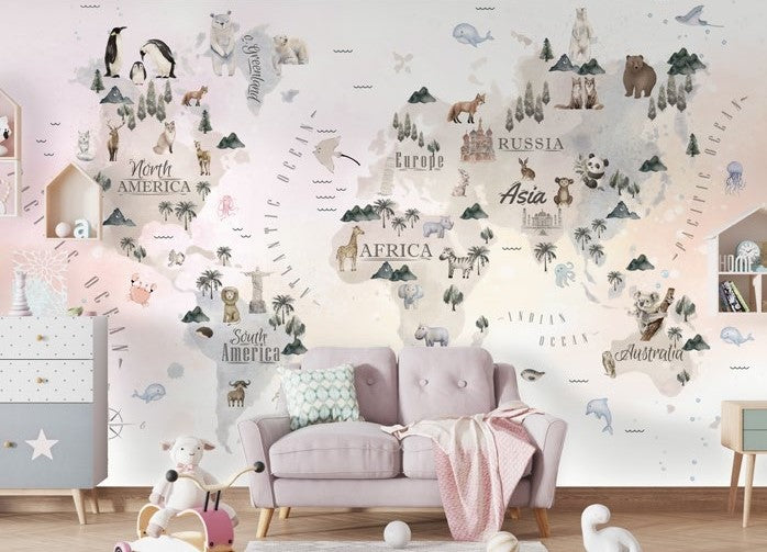 Tapet Personalizat Micii Exploratori cu harta lumii cu vegetatie animale si monumente in nuante de roz crem - LIGHT PEACH CONTINENT MAP