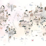 Tapet Personalizat Micii Exploratori cu harta lumii cu vegetatie animale si monumente in nuante de roz crem - LIGHT PEACH CONTINENT MAP
