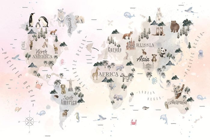 Tapet Personalizat Micii Exploratori cu harta lumii cu vegetatie animale si monumente in nuante de roz crem - LIGHT PEACH CONTINENT MAP