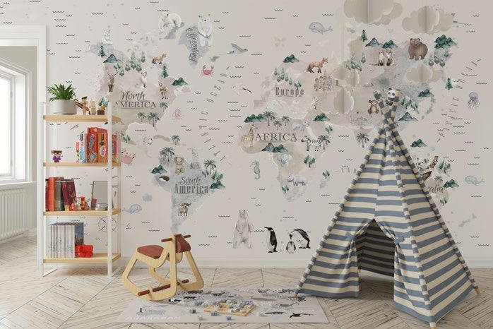 Tapet Personalizat Micii Exploratori cu harta lumii cu vegetatie si animale in nuante bej gri - WAVY OCEAN MAP
