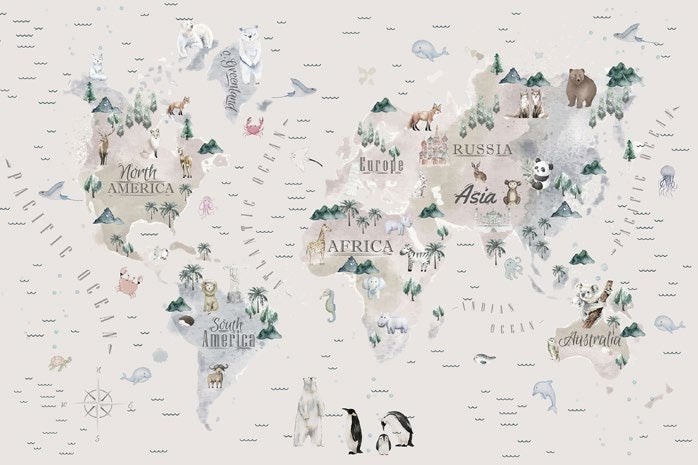 Tapet Personalizat Micii Exploratori cu harta lumii cu vegetatie si animale in nuante bej gri - WAVY OCEAN MAP