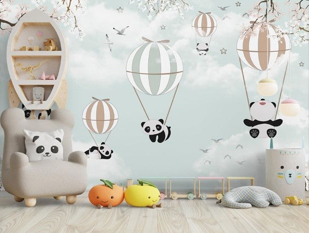 Tapet Personalizat Micii Exploratori cu ursi panda in baloane cu aer cald - PANDA BALLOONS