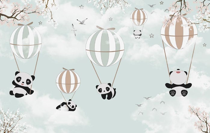 Tapet Personalizat Micii Exploratori cu ursi panda in baloane cu aer cald - PANDA BALLOONS