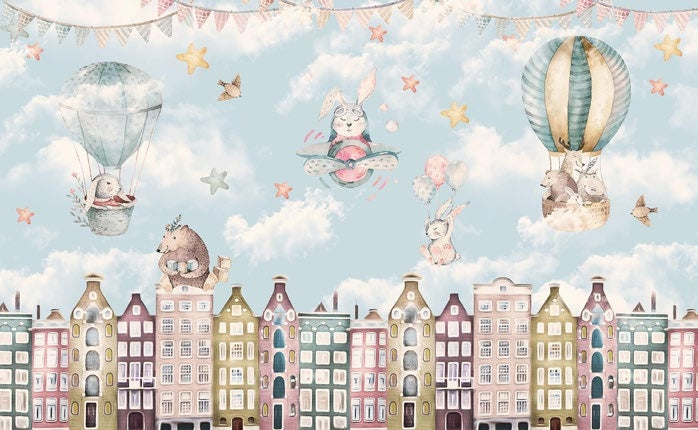 Tapet Personalizat Micii Exploratori cu animale zburand peste cladiri colorate - FLYING OVER BUILDINGS