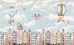 Tapet Personalizat Micii Exploratori cu animale zburand peste cladiri colorate - FLYING OVER BUILDINGS