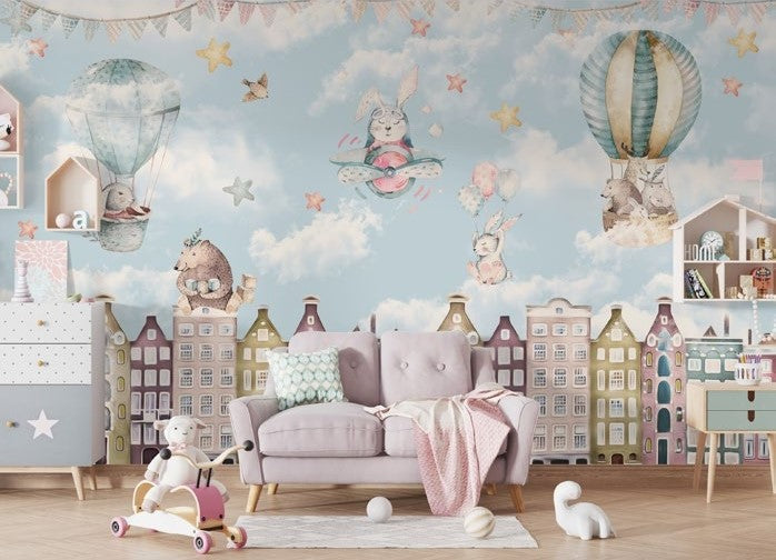 Tapet Personalizat Micii Exploratori cu animale zburand peste cladiri colorate - FLYING OVER BUILDINGS