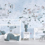 Tapet Personalizat Micii Exploratori cu harta lumii cu animale si vegetatie in nuante de albastru - WAVY CLOUDY OCEAN MAP