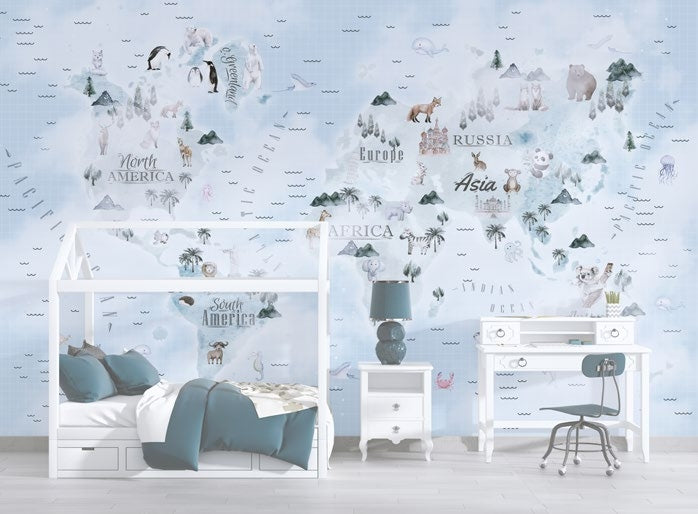 Tapet Personalizat Micii Exploratori cu harta lumii cu animale si vegetatie in nuante de albastru - WAVY CLOUDY OCEAN MAP