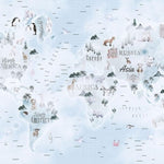 Tapet Personalizat Micii Exploratori cu harta lumii cu animale si vegetatie in nuante de albastru - WAVY CLOUDY OCEAN MAP