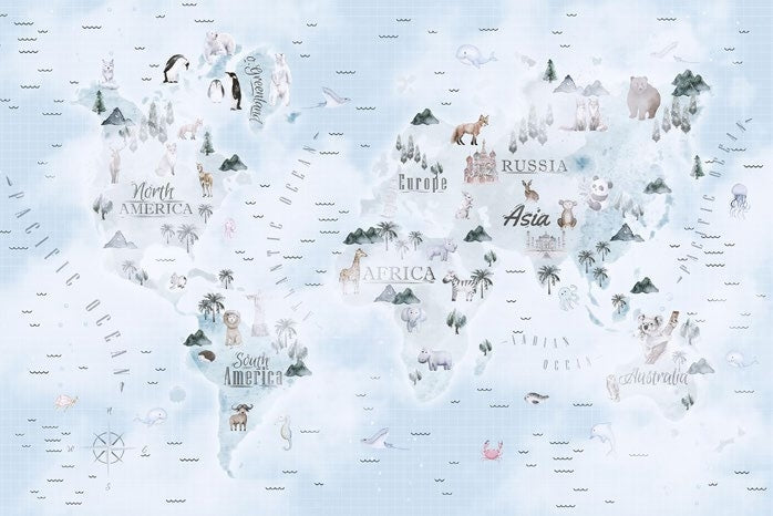 Tapet Personalizat Micii Exploratori cu harta lumii cu animale si vegetatie in nuante de albastru - WAVY CLOUDY OCEAN MAP