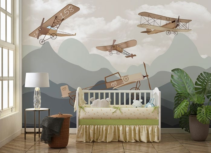 Tapet Personalizat Micii Exploratori cu avioane zburand peste munti - MOUNTAIN WAR PLANES