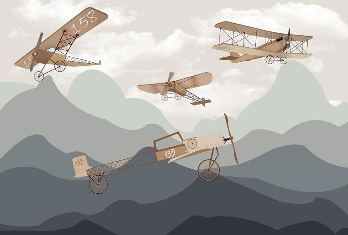 Tapet Personalizat Micii Exploratori cu avioane zburand peste munti - MOUNTAIN WAR PLANES