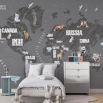 Tapet Personalizat Micii Exploratori cu harta continentelor desenate in nuante de gri inchis - BLACK GRAPHIT MAP