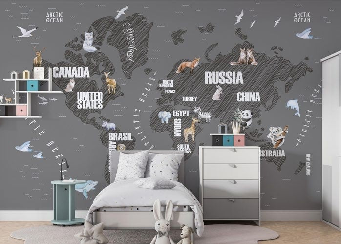 Tapet Personalizat Micii Exploratori cu harta continentelor desenate in nuante de gri inchis - BLACK GRAPHIT MAP