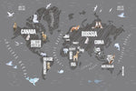 Tapet Personalizat Micii Exploratori cu harta continentelor desenate in nuante de gri inchis - BLACK GRAPHIT MAP