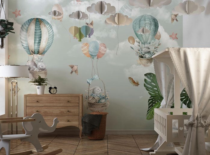 Tapet Personalizat Micii Exploratori cu animale in baloane cu aer cald si pene pe un fundal verde - FEATHER BALLOONS