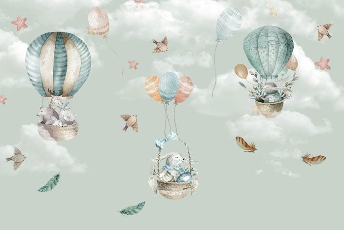 Tapet Personalizat Micii Exploratori cu animale in baloane cu aer cald si pene pe un fundal verde - FEATHER BALLOONS